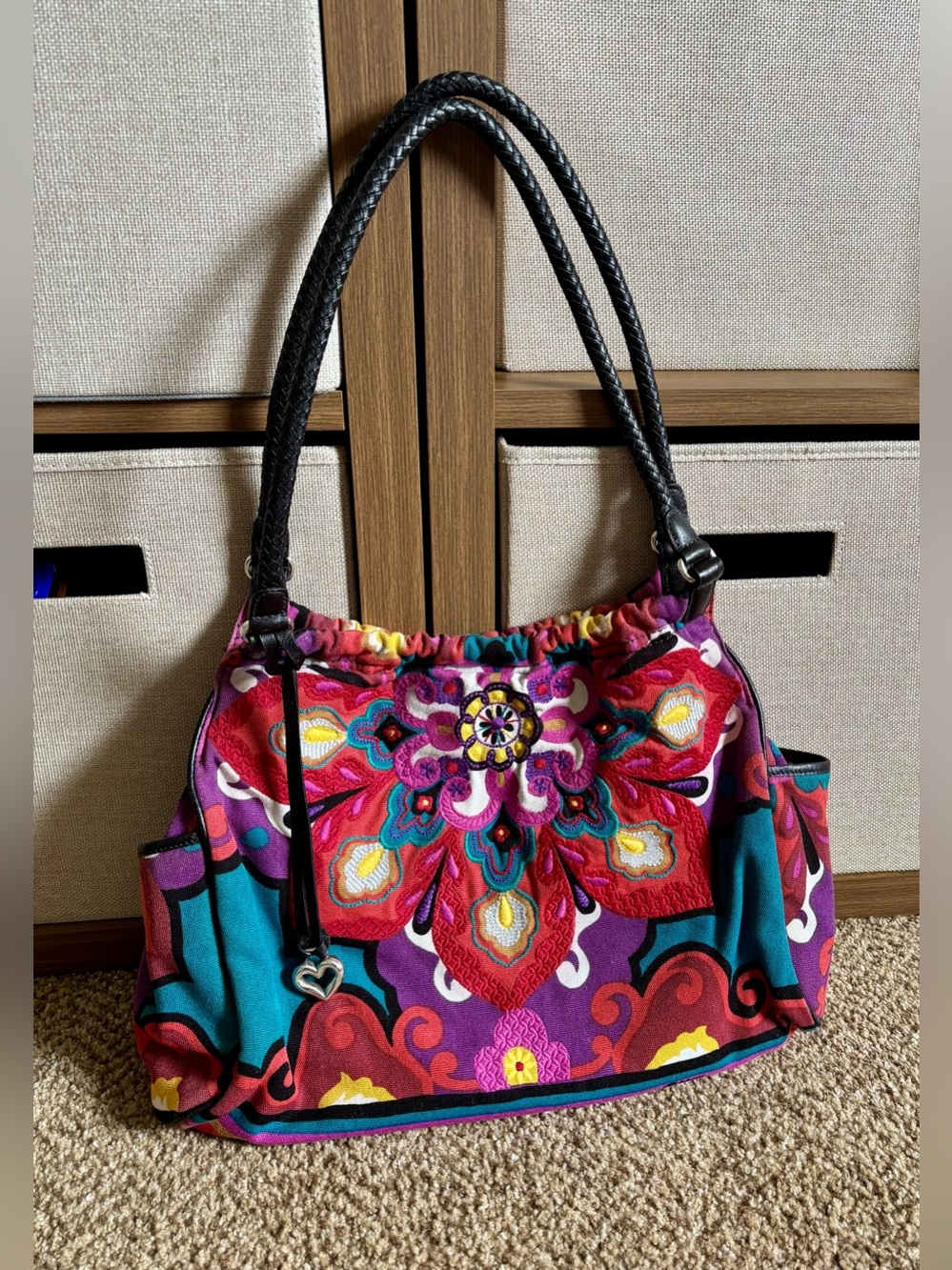 Vintage Y2K Brighton Canvas Leather Purple Multi Floral SoHo Shoulder Bag